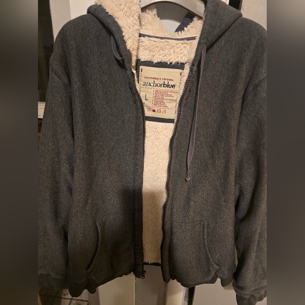 Anchor Blue Charcoal Hoodie with Cream Lining. Size Mens Large.